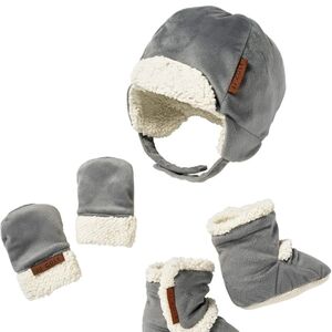 JJ Cole Gray and Cream Baby Hat, Mittens, and Booties Set